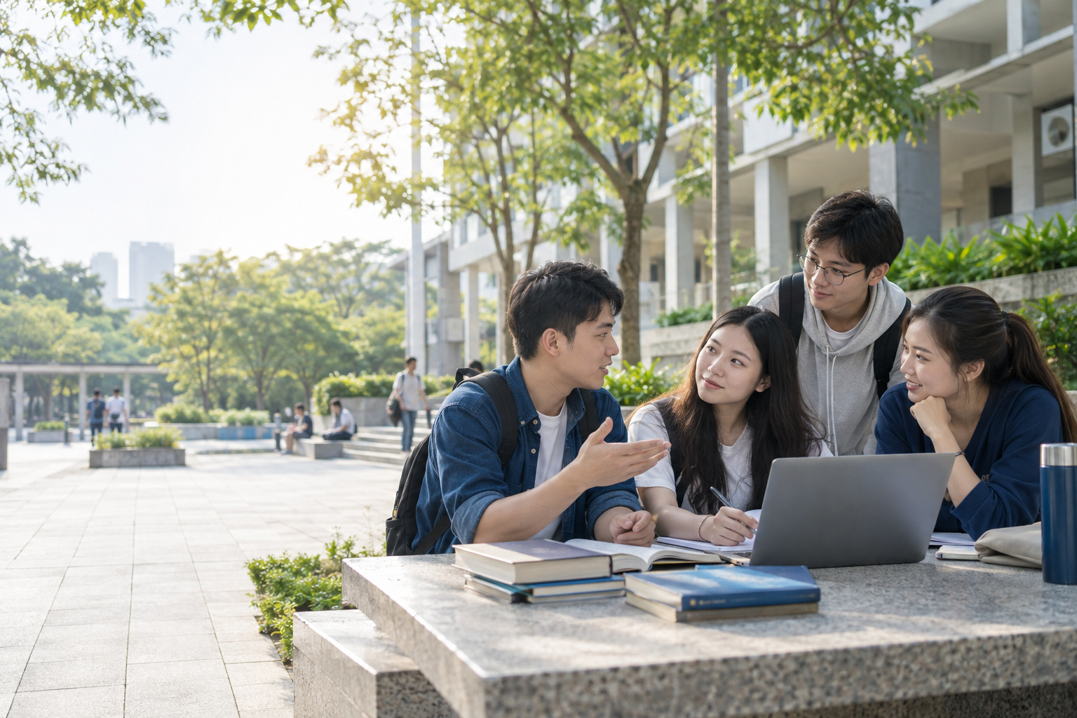 Nhóm sinh viên Việt Nam cùng học tập trong khuôn viên trường